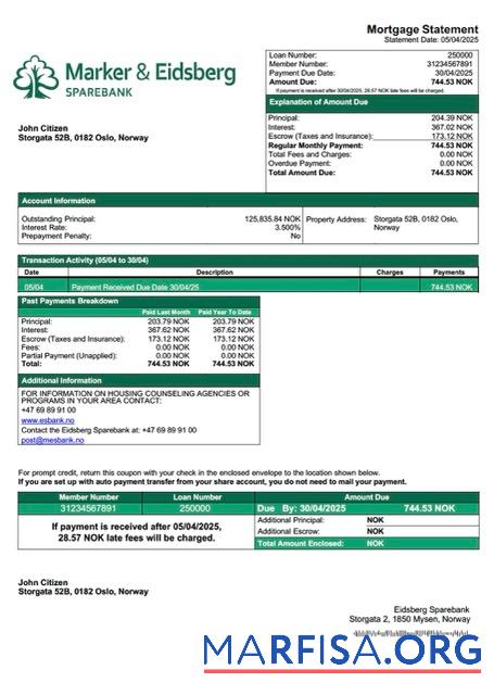 Printable Norway Eidsberg Sparebank mortgage statement Word and PDF template